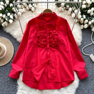 Retro siets Trīsdimensiju puķu loks piedurkne Polo kakla pamati Blūze Slim krekls Sieviešu PATCHWORK vasaras Tops