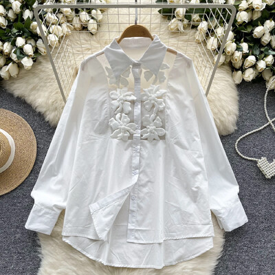 Retro siets Trīsdimensiju puķu loks piedurkne Polo kakla pamati Blūze Slim krekls Sieviešu PATCHWORK vasaras Tops