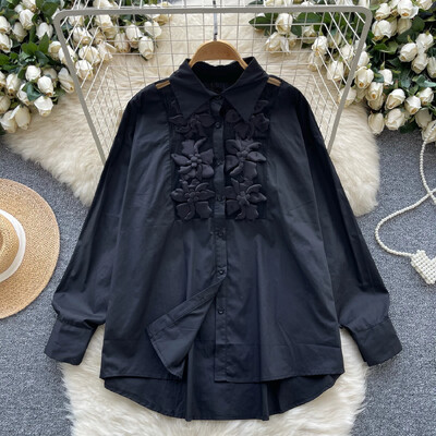 Retro siets Trīsdimensiju puķu loks piedurkne Polo kakla pamati Blūze Slim krekls Sieviešu PATCHWORK vasaras Tops