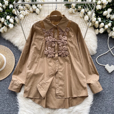 Retro siets Trīsdimensiju puķu loks piedurkne Polo kakla pamati Blūze Slim krekls Sieviešu PATCHWORK vasaras Tops