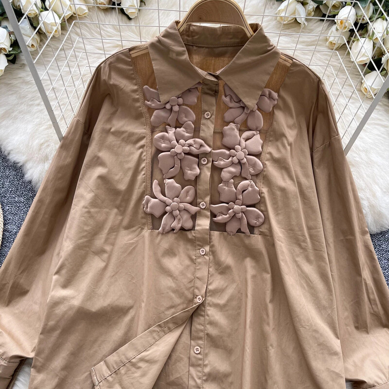 Retro siets Trīsdimensiju puķu loks piedurkne Polo kakla pamati Blūze Slim krekls Sieviešu PATCHWORK vasaras Tops