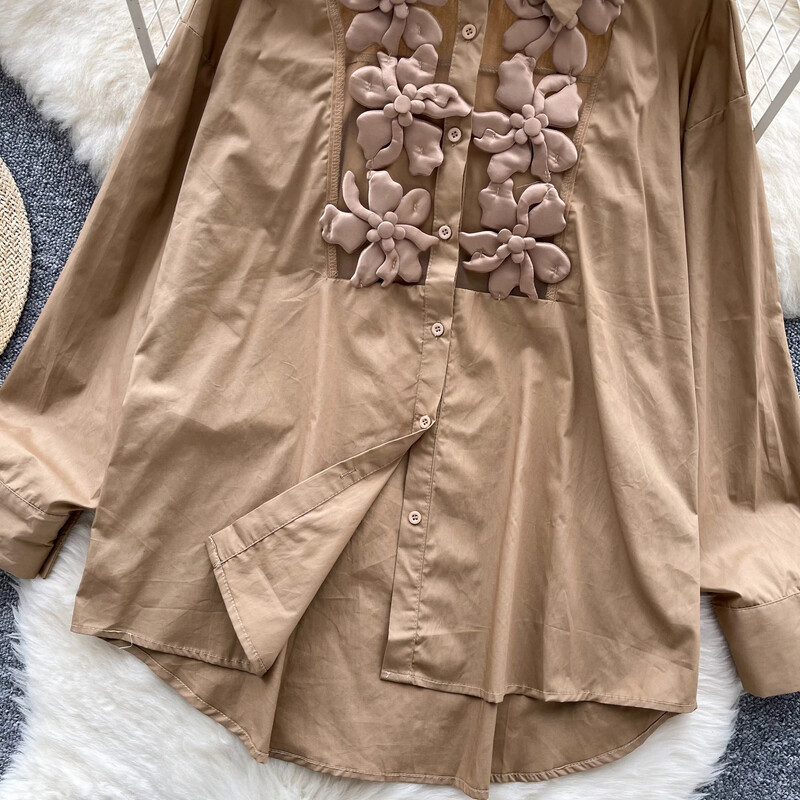 Retro siets Trīsdimensiju puķu loks piedurkne Polo kakla pamati Blūze Slim krekls Sieviešu PATCHWORK vasaras Tops