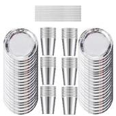 Προμηθευτείτε 75 χάρτινους δίσκους μιας χρήσης και κύπελλα για ασημένια είδη πάρτι για 50 καλεσμένους, κατάλληλα για διακόσμηση γάμου και γενεθλίων