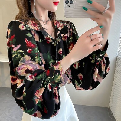 Női Vintage Virágmintás Túlméretes Utcai Ruha Ingek Tavaszi Őszi Trend Lapel Hosszú ujjú Blúzok Elegáns Elegáns Y2K felsők Blusa