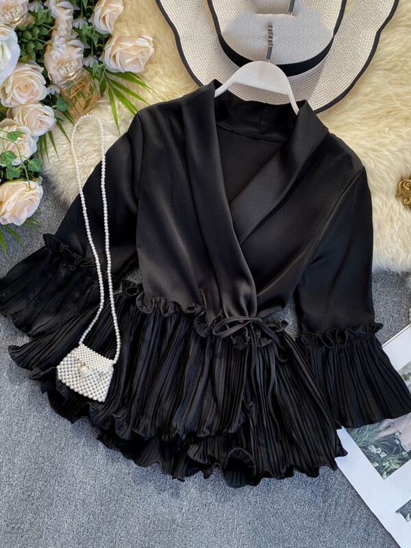 XFPV női, V-nyakú, kiszélesedő ujjú derék, fűzős, karcsú, redős, fodros ing felső, karcsú, édes koreai elegáns nyár 2023 SM3130