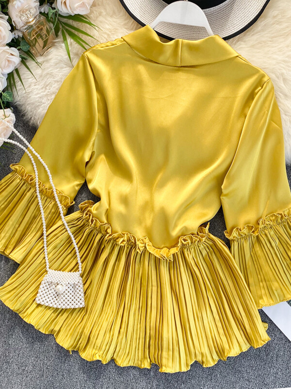 XFPV női, V-nyakú, kiszélesedő ujjú derék, fűzős, karcsú, redős, fodros ing felső, karcsú, édes koreai elegáns nyár 2023 SM3130