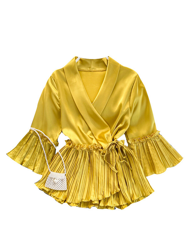 XFPV női, V-nyakú, kiszélesedő ujjú derék, fűzős, karcsú, redős, fodros ing felső, karcsú, édes koreai elegáns nyár 2023 SM3130