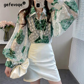 Μόδα στάμπα Κέντημα Υπερμεγέθη Street Button Up Πουκάμισο Άνοιξη Καλοκαίρι Casual Chic Φανάρι μακρυμάνικο μπλούζα Γυναικεία μπλούζα