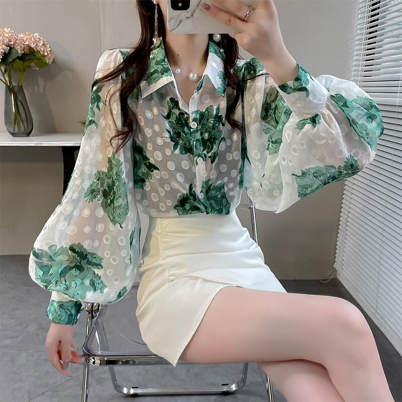 Μόδα στάμπα Κέντημα Υπερμεγέθη Street Button Up Πουκάμισο Άνοιξη Καλοκαίρι Casual Chic Φανάρι μακρυμάνικο μπλούζα Γυναικεία μπλούζα