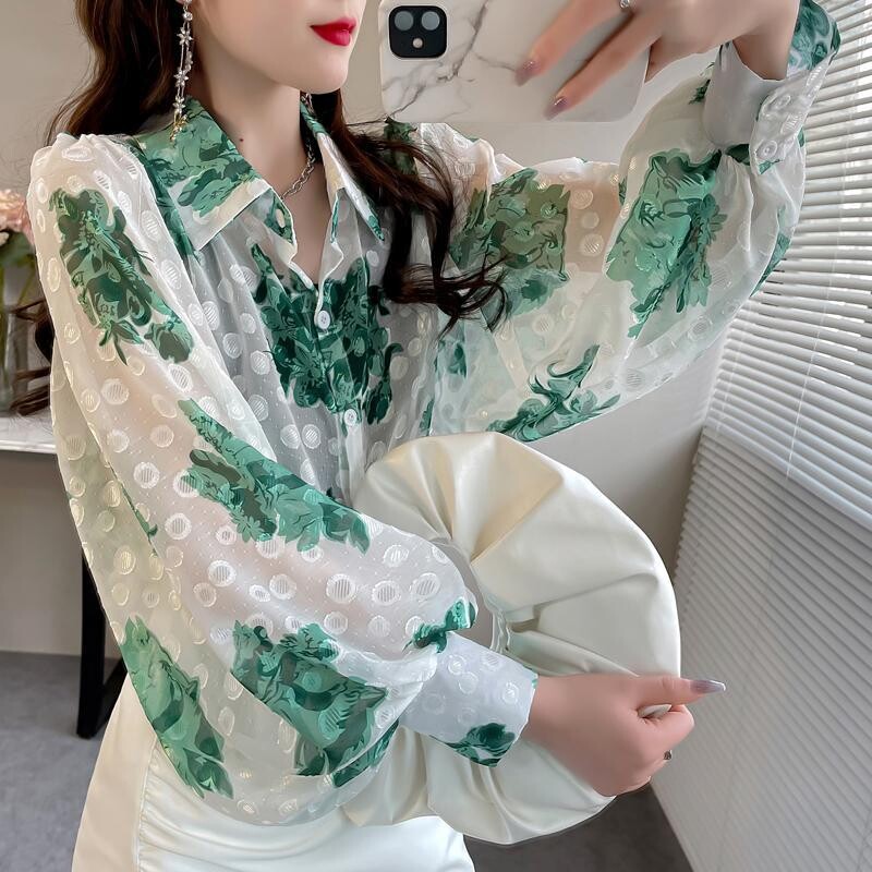 Μόδα στάμπα Κέντημα Υπερμεγέθη Street Button Up Πουκάμισο Άνοιξη Καλοκαίρι Casual Chic Φανάρι μακρυμάνικο μπλούζα Γυναικεία μπλούζα