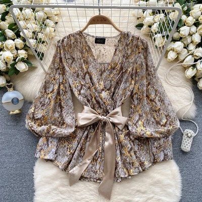 Vintage Blusas Femininas V-nyakú, puffos ujjú nyomtatás, fűzős blúz felső női 2023 francia elegáns Blusa Mujer őszi dropship