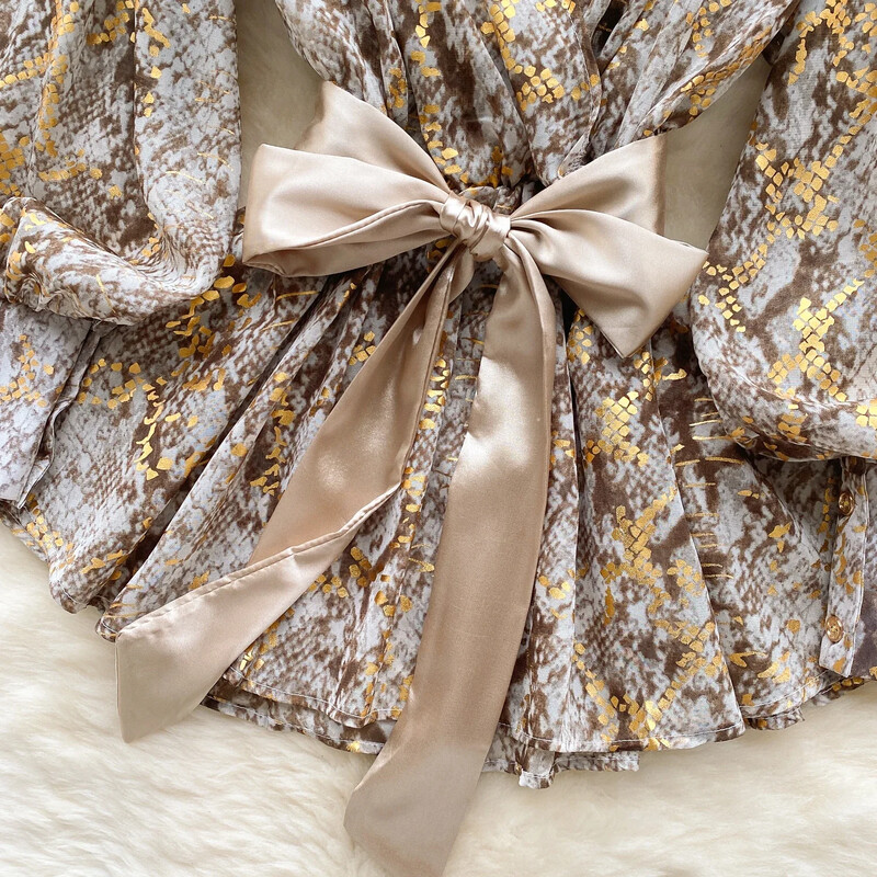 Vintage Blusas Femininas V-nyakú, puffos ujjú nyomtatás, fűzős blúz felső női 2023 francia elegáns Blusa Mujer őszi dropship