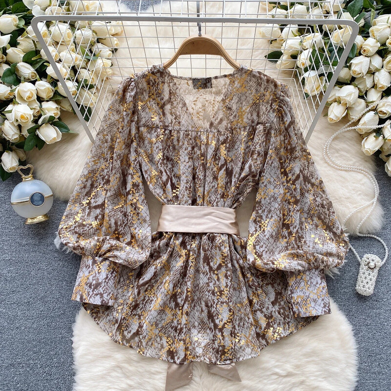 Vintage Blusas Femininas V-nyakú, puffos ujjú nyomtatás, fűzős blúz felső női 2023 francia elegáns Blusa Mujer őszi dropship