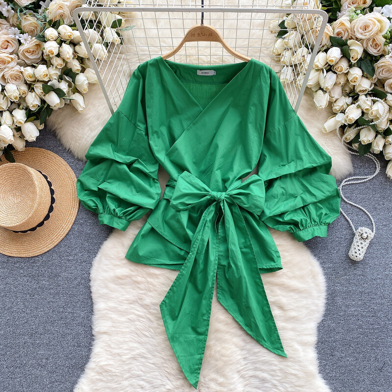 Elegáns, édes bandage puff hosszú ujjú V nyakú blúz Elegáns francia divat szexi ing tavaszi ősz női felső