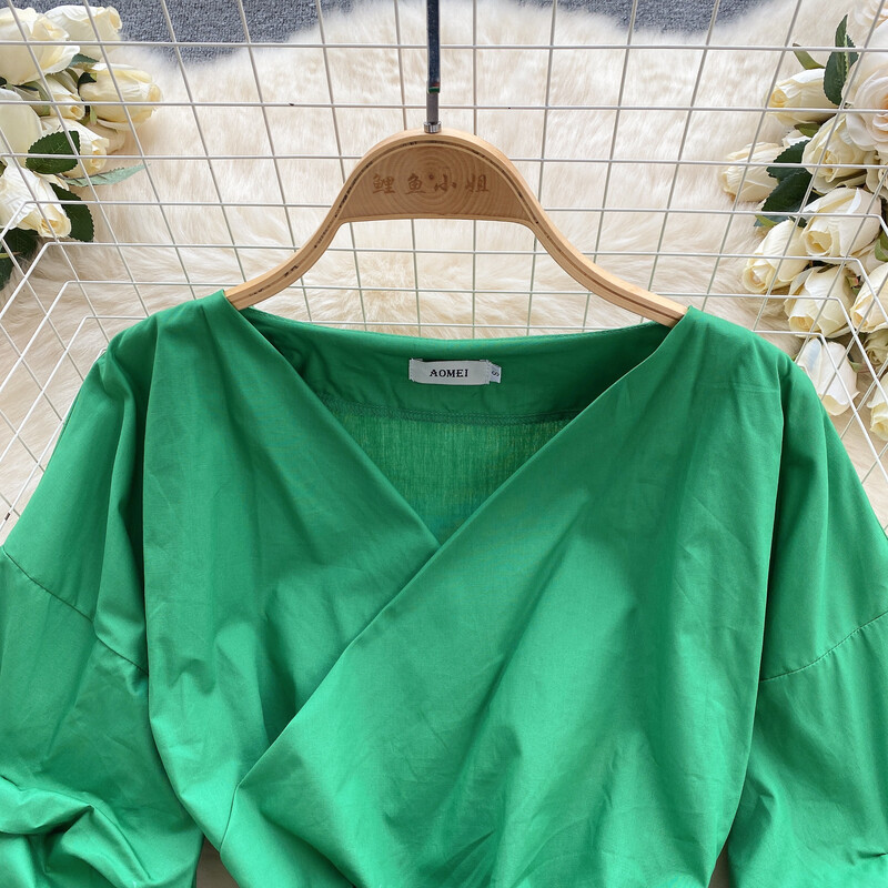 Elegáns, édes bandage puff hosszú ujjú V nyakú blúz Elegáns francia divat szexi ing tavaszi ősz női felső