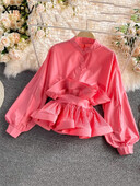 XFPV Γυναικεία Sweet Vintage βολάν Loose Stand μπλούζας γιακάς μακρυμάνικα ελαφριά πουκάμισα μόδας Άνοιξη Καλοκαίρι 2024 SM10815