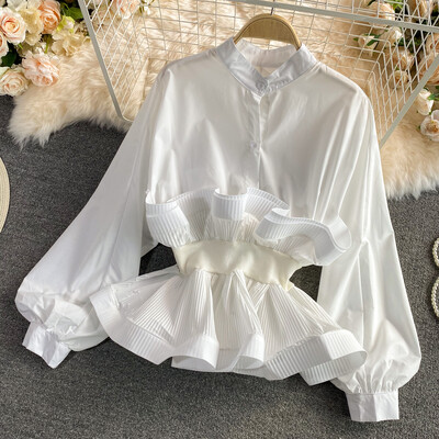 XFPV Γυναικεία Sweet Vintage βολάν Loose Stand μπλούζας γιακάς μακρυμάνικα ελαφριά πουκάμισα μόδας Άνοιξη Καλοκαίρι 2024 SM10815