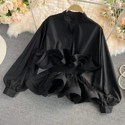 XFPV Γυναικεία Sweet Vintage βολάν Loose Stand μπλούζας γιακάς μακρυμάνικα ελαφριά πουκάμισα μόδας Άνοιξη Καλοκαίρι 2024 SM10815