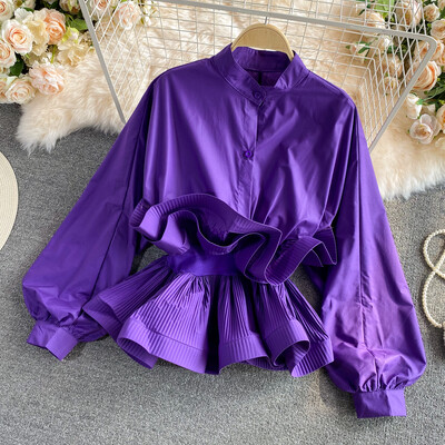 XFPV Γυναικεία Sweet Vintage βολάν Loose Stand μπλούζας γιακάς μακρυμάνικα ελαφριά πουκάμισα μόδας Άνοιξη Καλοκαίρι 2024 SM10815