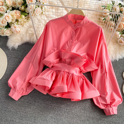 XFPV Γυναικεία Sweet Vintage βολάν Loose Stand μπλούζας γιακάς μακρυμάνικα ελαφριά πουκάμισα μόδας Άνοιξη Καλοκαίρι 2024 SM10815