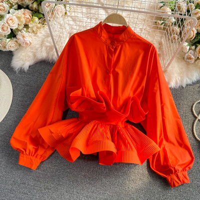 XFPV Γυναικεία Sweet Vintage βολάν Loose Stand μπλούζας γιακάς μακρυμάνικα ελαφριά πουκάμισα μόδας Άνοιξη Καλοκαίρι 2024 SM10815