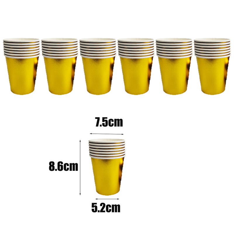 Pieaugušo un bērnu dzimšanas dienas svinības zelta vienreizējās lietošanas papīra šķīvji krūzes salvetes un trauku komplekti, zelta tematikas dekorācijas