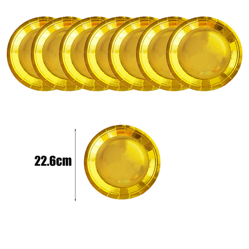 Pieaugušo un bērnu dzimšanas dienas svinības zelta vienreizējās lietošanas papīra šķīvji krūzes salvetes un trauku komplekti, zelta tematikas dekorācijas