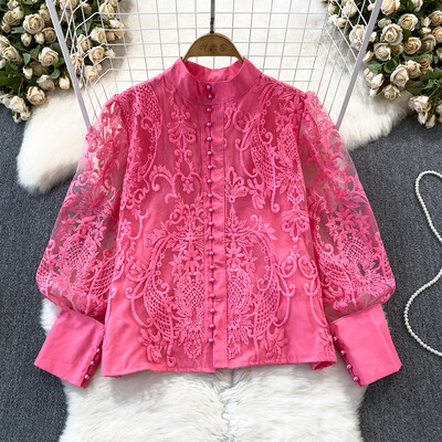 EWQ ikdienas saules aizsargkrēms, mežģīņu dizaina krekls, sieviešu laterna ar garām piedurknēm, statīvs apkakle, vienkrāsains topi, apģērbs, 2024. gada vasara, jauns 27C825