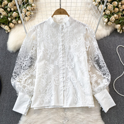 EWQ ikdienas saules aizsargkrēms, mežģīņu dizaina krekls, sieviešu laterna ar garām piedurknēm, statīvs apkakle, vienkrāsains topi, apģērbs, 2024. gada vasara, jauns 27C825