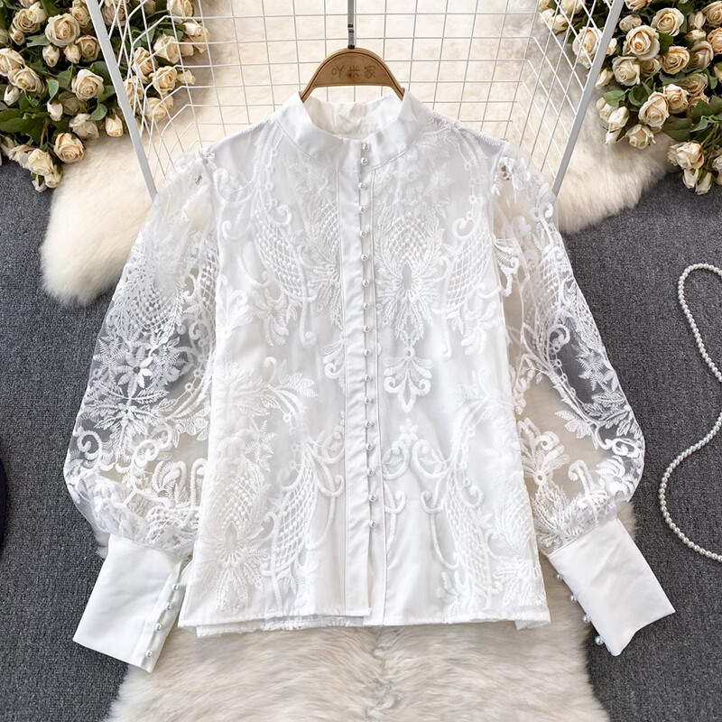 EWQ ikdienas saules aizsargkrēms, mežģīņu dizaina krekls, sieviešu laterna ar garām piedurknēm, statīvs apkakle, vienkrāsains topi, apģērbs, 2024. gada vasara, jauns 27C825