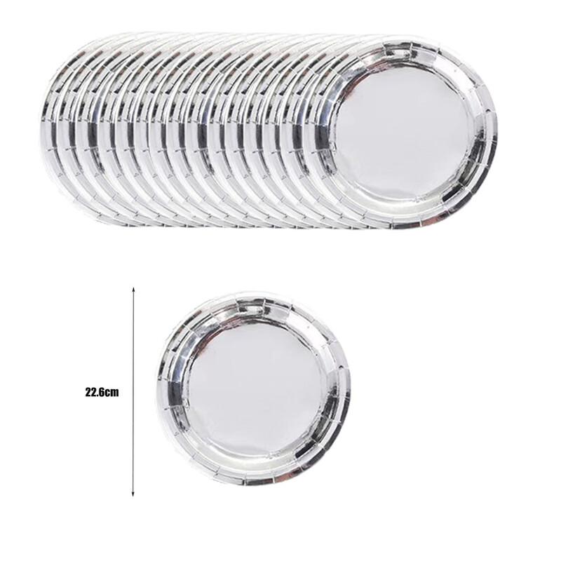 Ασημένια σερβίτσια μιας χρήσης Ασημένια έγχρωμα πιάτα φλιτζάνια χαρτοπετσέτες τραπεζομάντιλο πανό Ασημένιο στολισμός πάρτι γενεθλίων Είδη γάμου