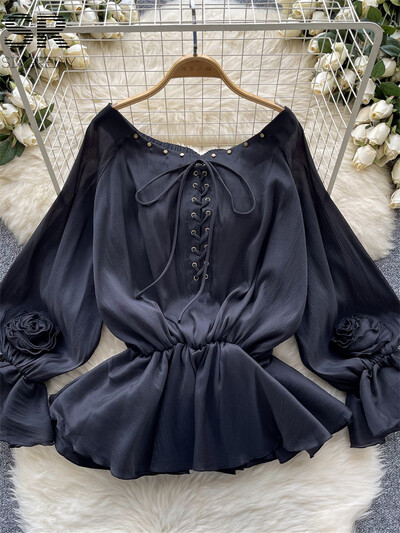 SINGREINY Γλυκιά casual σιφόν γυναικεία μπλούζα καλοκαιρινά μανίκια με κορδόνια επάνω σε σχέδιο Κορυφαίο γυναικείο πουκάμισο διακοπών