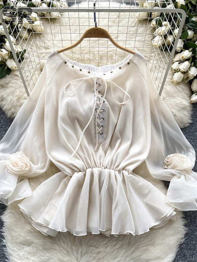 SINGREINY Γλυκιά casual σιφόν γυναικεία μπλούζα καλοκαιρινά μανίκια με κορδόνια επάνω σε σχέδιο Κορυφαίο γυναικείο πουκάμισο διακοπών