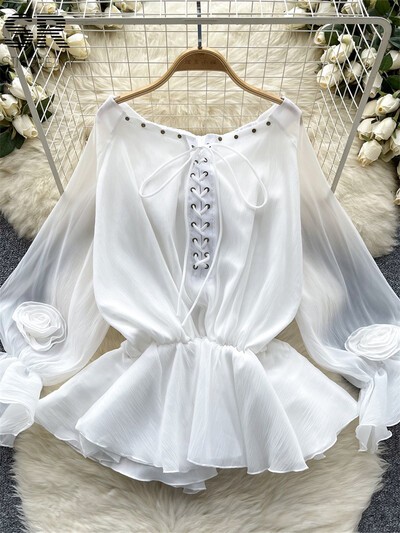 SINGREINY Γλυκιά casual σιφόν γυναικεία μπλούζα καλοκαιρινά μανίκια με κορδόνια επάνω σε σχέδιο Κορυφαίο γυναικείο πουκάμισο διακοπών