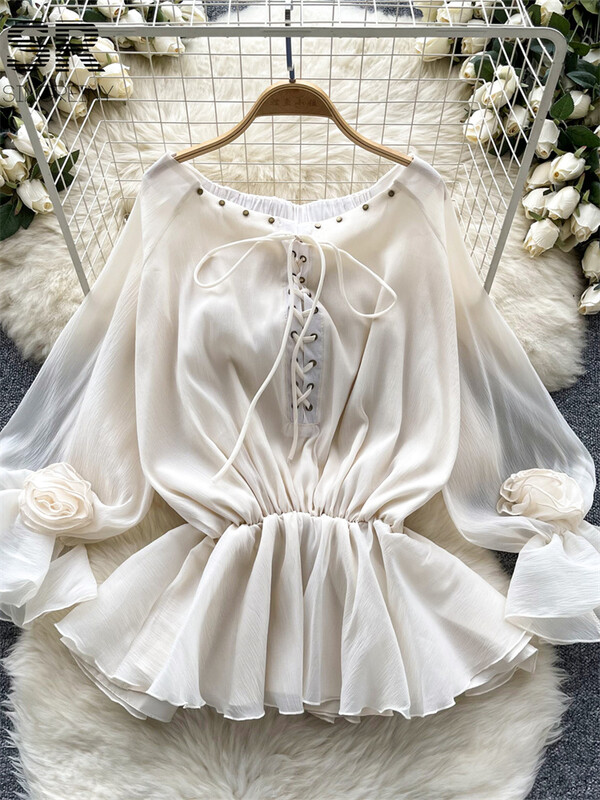 SINGREINY Γλυκιά casual σιφόν γυναικεία μπλούζα καλοκαιρινά μανίκια με κορδόνια επάνω σε σχέδιο Κορυφαίο γυναικείο πουκάμισο διακοπών