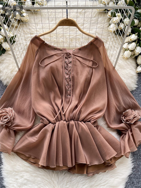 SINGREINY Γλυκιά casual σιφόν γυναικεία μπλούζα καλοκαιρινά μανίκια με κορδόνια επάνω σε σχέδιο Κορυφαίο γυναικείο πουκάμισο διακοπών