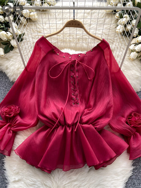 SINGREINY Γλυκιά casual σιφόν γυναικεία μπλούζα καλοκαιρινά μανίκια με κορδόνια επάνω σε σχέδιο Κορυφαίο γυναικείο πουκάμισο διακοπών