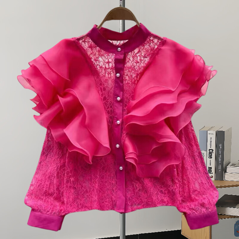 GVUW γάζα Γυναικείο πουκάμισο μόδας βολάν Ολόσωμο γιακά με μονό στήθος μονόχρωμο Νέο 2024 πουκάμισο μόδας 17G7774