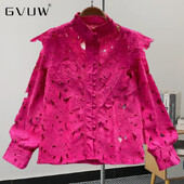 GVUW divatos üreges ing női állógallér teljes ujjú, egyszínű niche design új, 2024-es elegáns női ruházat 17G7427