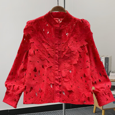 GVUW divatos üreges ing női állógallér teljes ujjú, egyszínű niche design új, 2024-es elegáns női ruházat 17G7427