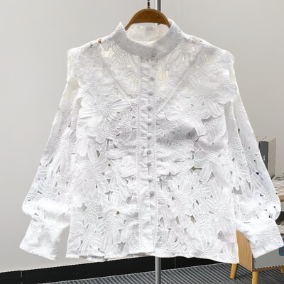 GVUW divatos üreges ing női állógallér teljes ujjú, egyszínű niche design új, 2024-es elegáns női ruházat 17G7427