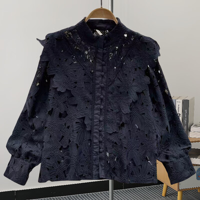 GVUW divatos üreges ing női állógallér teljes ujjú, egyszínű niche design új, 2024-es elegáns női ruházat 17G7427