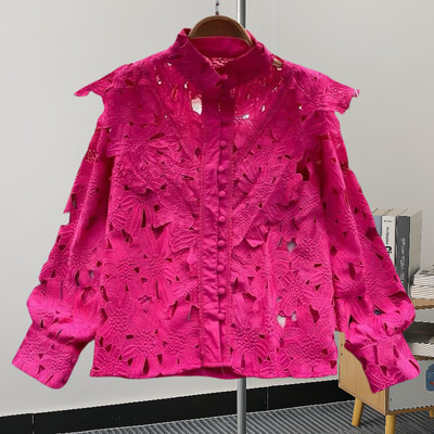 GVUW divatos üreges ing női állógallér teljes ujjú, egyszínű niche design új, 2024-es elegáns női ruházat 17G7427