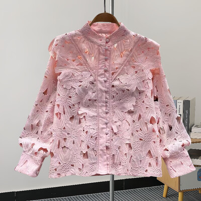 GVUW divatos üreges ing női állógallér teljes ujjú, egyszínű niche design új, 2024-es elegáns női ruházat 17G7427