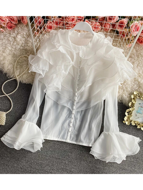 Női Springr ing Temperament Új francia Super Fairy Layer fodros ing Perspective Western stílusú felső flare ujjú D2798