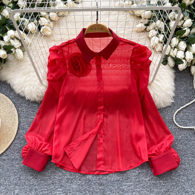 Vintage trīsdimensiju ziedu eleganta laternas piedurkne, tievs siets korejiešu modes sieviešu ielas apģērbs High Street rudens blūze