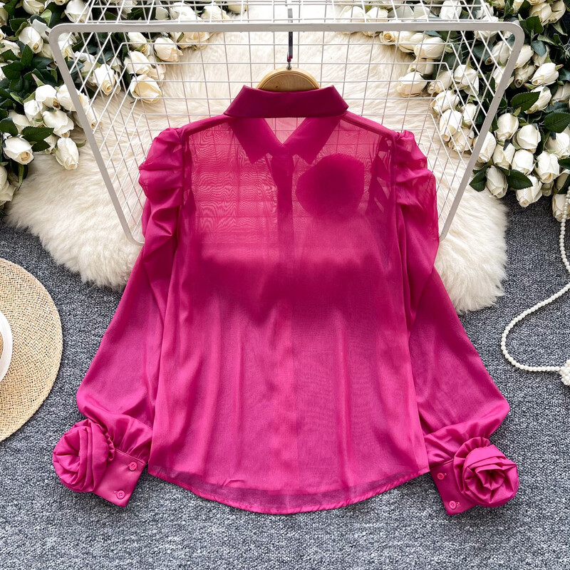 Vintage trīsdimensiju ziedu eleganta laternas piedurkne, tievs siets korejiešu modes sieviešu ielas apģērbs High Street rudens blūze