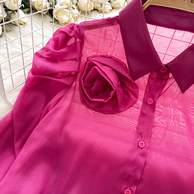 Vintage trīsdimensiju ziedu eleganta laternas piedurkne, tievs siets korejiešu modes sieviešu ielas apģērbs High Street rudens blūze