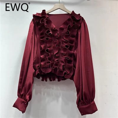 EWQ Casual 3D βολάν γυναικεία μπλούζα με λαιμόκοψη V με μακρυμάνικο μονόχρωμο Ρούχα μόδας 2024 Φθινόπωρο Νέο 27X1231