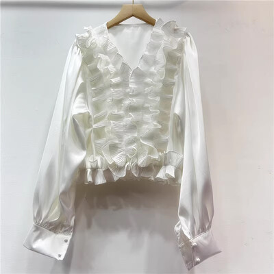 EWQ ikdienišķa 3D volānveida sieviešu blūze ar V veida kakla izgriezumu garām piedurknēm vienkrāsains brīvi pieguļošs modes apģērbs 2024. gada rudens jauns 27X1231